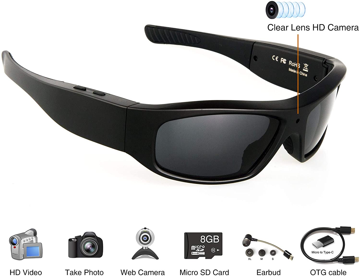 Wearable Sport Camera Glasses with Wireless Headset Video Sunglasses HD Video Glasses for Android Smartphone TR90 Glasses Frame with Polarized UV400 Lenses Wearable Sport Camera Glasses with Wireless Headset Video Sunglasses HD Video Glasses for Android Smartphone TR90 Glasses Frame with Polarized UV400 Lenses